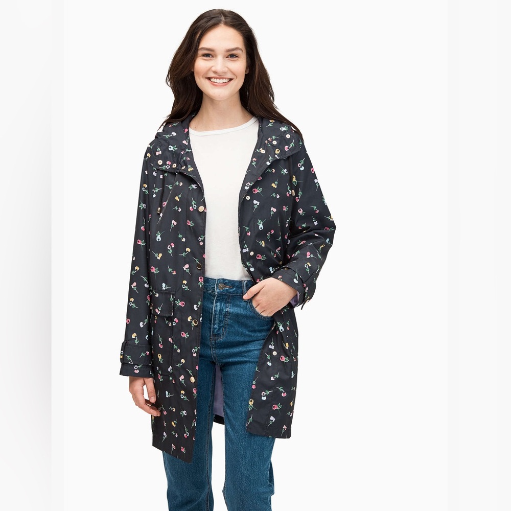 Kate‎ Spade Rain Coat Womens Small Black Wildflower Disty Floral Lined Jacket XS